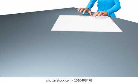 Project working. Hands over blank paper sheet. 3d concept of starting smth, startup project, make smth new. Grey desk. Blue cloth. Place for text or pic.