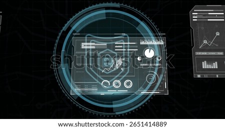 Projecting central holographic cybersecurity interface on dark grid, with shield icon and padlock. Technology, analytics, innovation, digital, protection, interface, visualization