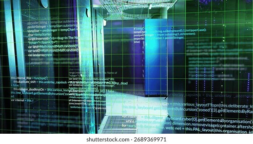 Projecting holographic code grid overlay across server racks in data center hallway, with cables. Technology, cybersecurity, infrastructure, innovation, digital, network, futuristic