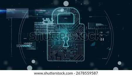 Projecting padlock icon scanning security interface with circuit honeycomb, SCANNING text overlay. Cybersecurity, encryption, digital, futuristic, innovation, technology, data