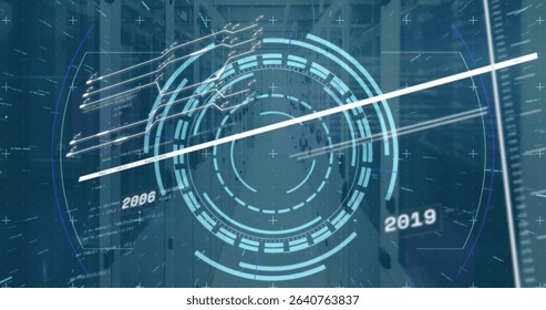 Projecting round HUD over data center racks, with rings, radial markers, streaks, code, year labels. Futuristic, technology, datapanel, digital, network, cybersecurity, visualization