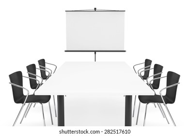 Projection Screen, Table and Chairs on a white background