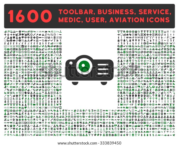 Projector raster icon and 1600 other business,
service tools, medical care, software toolbar, web interface
pictograms. Style is bicolor flat symbols, green and gray colors,
rounded angles,
white