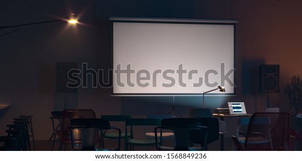 Projector screen canvas in modern cozy\
cafe. 3d rendering. Front view. Night time. Close\
up