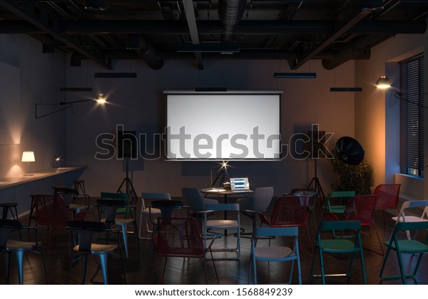 Projector screen canvas in modern cozy cafe. 3d\
rendering. Front view. Night\
time
