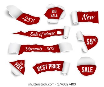 Promo Banners Ripped Paper. Sale Advertizing Tags Promotion Cut Edges Pages Realistic Pictures