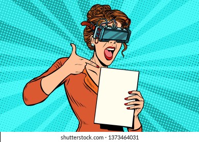 Promoter Woman In Glasses Virtual Reality Advertises. Pop Art Retro  Illustration Comic Cartoon Vintage Kitsch Drawing