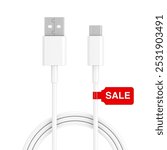 Promoting Discounts on Electronic Accessories Concept. USB-C to USB-A Cable With a Red Sale Tag on a white background. 3d Rendering 