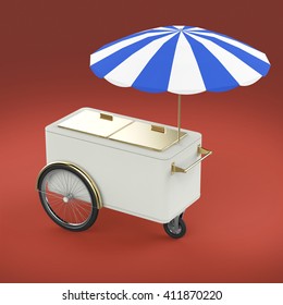 Promotion counter on wheels with umbrella, food, ice cream, hot dog push cart Retail Trade Stand Isolated  3d render