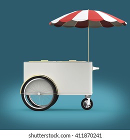 Promotion counter on wheels with umbrella, food, ice cream, hot dog push cart Retail Trade Stand Isolated  3d render