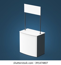 Promotion Counter, Promo Stand, Sales Kiosk Retail Trade Stand Isolated On The White Background. MockUp Template For Your Design. 3d Render