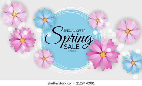 Promotion Offer, Card For Spring Sale Season With Spring Plants, Leaves And Flowers Decoration.  Illustration