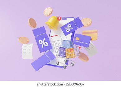 Promotion Shopping Via Online Mobile Phone, Discount Coupons Concept. Floating On Purple Background Money Transfer. Financial Transactions. Minimal Cartoon, Refund, Cashback. 3d Rendering Illustration