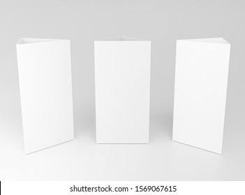 Promotional Table Talker Isolated On White Background With Clipping Path, Mockup Template Paper Tri-fold Vertical Triangle Cards With Reflections. White Sheets Front & Left And Right View. 3d Render