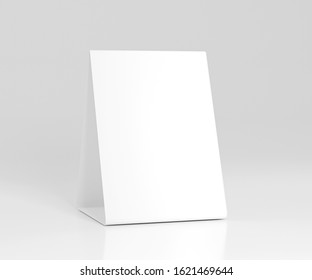 Promotional Table Talker Isolated On White Background With Clipping Path, Mockup Template Paper Tri-fold Vertical Triangle Cards With Reflections. White Sheets Front & Left And Right View. 3d Render