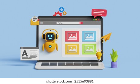 Prompt engineering of using artificial intelligence. Photo processing or AI image creation technology. Use AI on a laptop to generate images. 3D illustration