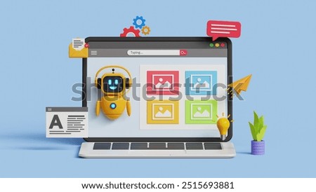 Prompt engineering of using artificial intelligence. Photo processing or AI image creation technology. Use AI on a laptop to generate images. 3D illustration