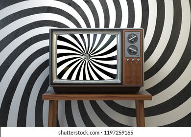 Propaganda and brainwashing of the influential mass media concept. Vintage TV set with hypnotic spiral on the screen. 3d illustration