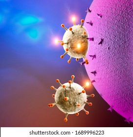 Propagation Of The Virus In The Human Body. How Coronavirus Attacks Cells. If The Virus Finds A Compatible Receptor Allow Covid-19 To Replicate Itself. Section Of The Cell And SARS-CoV-2. 3d Render