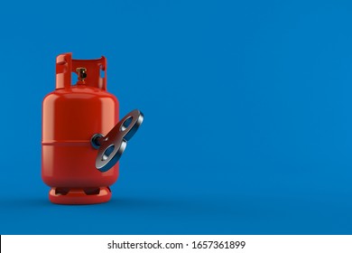 Propane Bottle With Clockwork Key Isolated On Blue Background. 3d Illustration