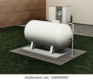 Propane tank in the garden of a house. 3D illustration.