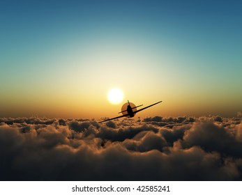 Propeller plane flying over clouds.