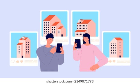 Property find concept. Couple looking house, real estate smartphone online app. Girl and boy rent apartment, young family need flat, illustration - Powered by Shutterstock