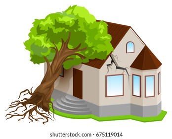 Property Insurance Against Natural Disasters. Earthquake Tree Fell On House. Isolated On White 3d Illustration