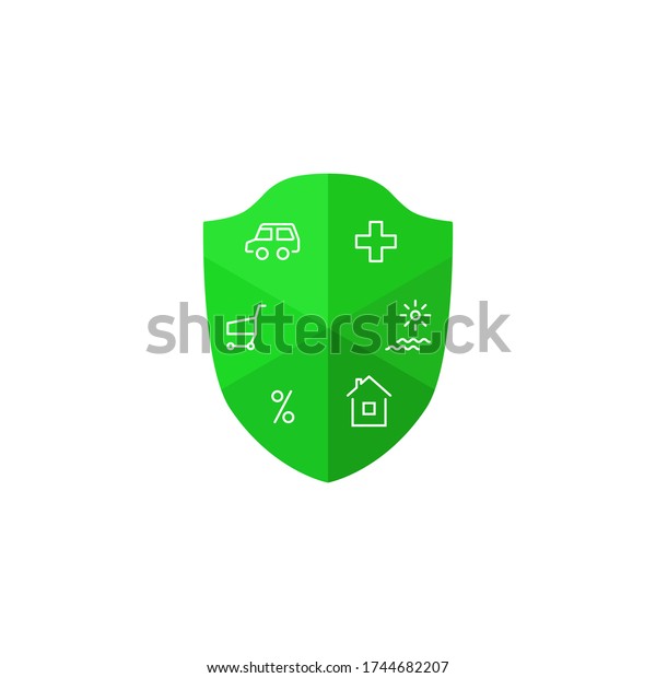 property insurance, finance and health icon.\
concept of accumulation of monetary resources, ensuring income\
stability, comfortable old age for people. flat green sign isolated\
on white\
background