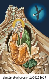 Prophet saint Elijah and raven bringing food. Miracle of the ravens. Illustration in Byzantine style