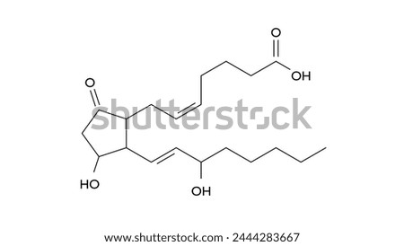 prostaglandin e2 molecule, structural chemical formula, ball-and-stick model, isolated image oxytocics
