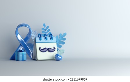 Prostate cancer awareness month with ribbon, mustache, calendar, gift box on blue background, copy space text, 3d rendering illustration - Powered by Shutterstock