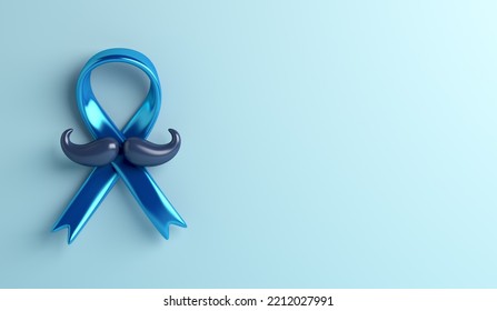 Prostate cancer awareness month with ribbon, mustache on blue background, copy space text, 3d rendering illustration