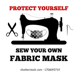 PROTECT YOURSELF, Sewing Machine, Fabric Mask, Coronavirus Cell, Needle Icon. DIY Fabric Mask Concept. Covid-19 Theme, 2019-nCoV. 