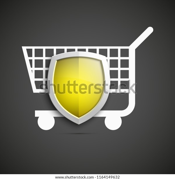 Protected guard shield & supermarket trolley
icon. Security Shopping cart label. Safety badge supermarket
trolley icon. Privacy banner shield. Defense tag. Presentation
sticker shape. Safeguard
shield