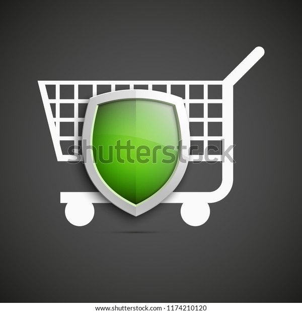 Protected guard shield & supermarket trolley
icon. Security Shopping cart label. Safety badge supermarket
trolley icon. Privacy banner shield. Defense tag. Presentation
sticker shape. Safeguard
shield