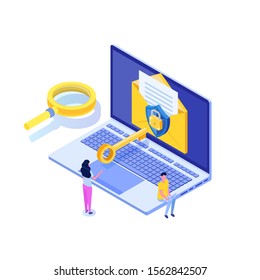 Protecting Computer Data, Email Encryption Isometric Concept.  Illustration.