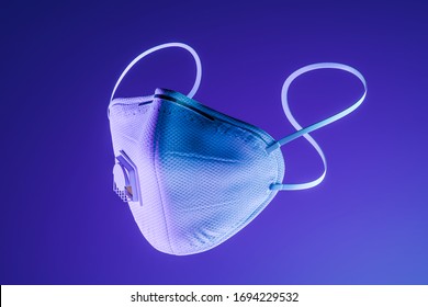 Protecting Face Mask on Violet Background Illuminated With Neon Light. Protection Against Coronavirus. 3d Rendering.
