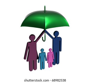 Protection Of Family Under Big Umbrella Isolated On White Render