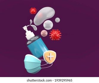 The Protection Logo Is Surrounded By A Surgical Mask, A Bottle Of Alcohol Gel And Covid 19 Virus On A Purple Background.-3d Rendering.