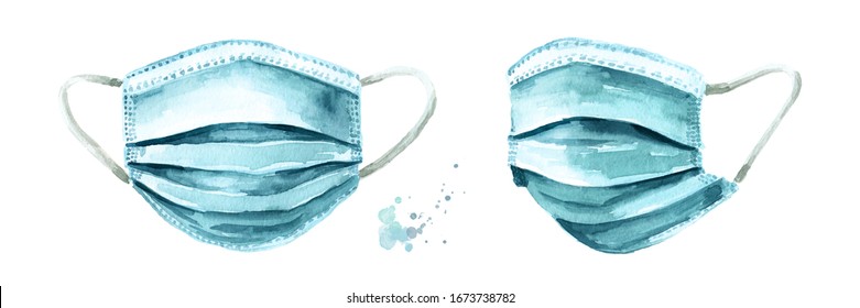 Protection medical  face mask against coronavirus, virus, flu and pollution.  Health care concept. Hand drawn watercolor illustration isolated on white background