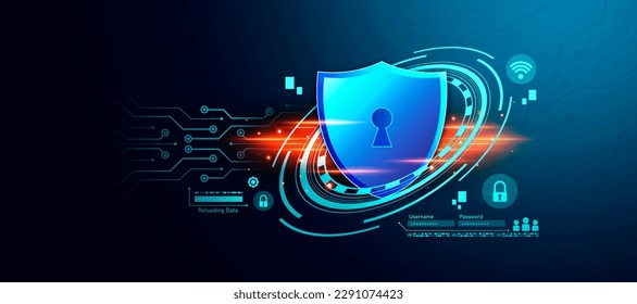 Protection network security computer and safe your data concept. Shield icon cyber security, digital data network protection, Digital crime by an anonymous hacker. dark tone