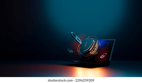 Protection network security computer and safe your data concept. Shield icon cyber security, digital data network protection, Digital crime by an anonymous hacker. 3D illustration