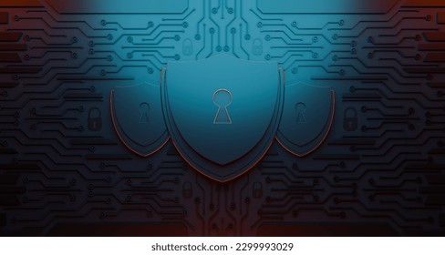Protection network security computer and safe your data concept. Shield icon cyber security, digital data network protection, Digital crime by an anonymous hacker. 3D illustration