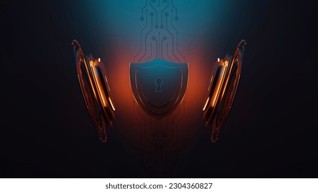 Protection network security computer and safe your data concept. Shield icon cyber security, digital data network protection, Digital crime by an anonymous hacker. 3D illustration