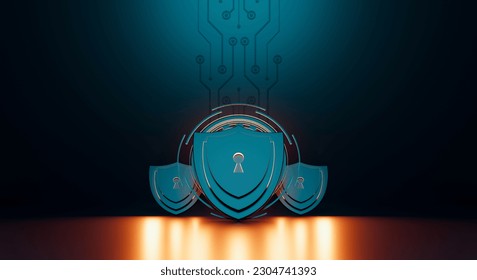 Protection network security computer and safe your data concept. Shield icon cyber security, digital data network protection, Digital crime by an anonymous hacker. 3D illustration