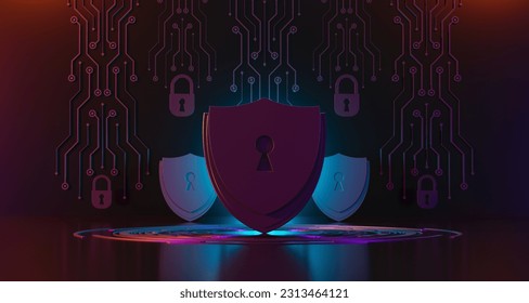 Protection network security computer and safe your data concept. Shield icon cyber security, digital data network protection, Digital crime by an anonymous hacker. 3D illustration