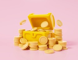 Protection Treasure Box Coffer Concept. Open Treasure Chest With Coins Floating On Pink Background. 3d Render Illustration