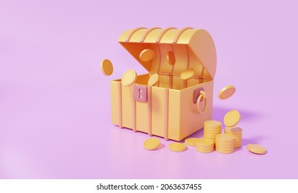 Protection Treasure Box Coffer Concept. Open Treasure Chest With Coins Floating Isometric On Purple Background. Cartoon Minimal Cute Smooth 3d Render Illustration