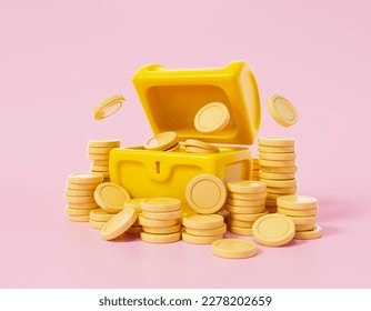 El concepto de caja del tesoro de protección. El cofre del tesoro abierto con monedas flotando sobre fondo rosado. 3.ª ilustración